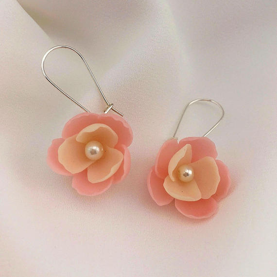 Pink flower earrings, Polymer clay jewelry, Wedding earrings, Floral earrings, Ivory cream earrings, Bridal jewelry, Bridesmaid gift