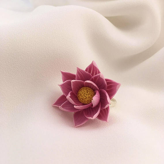 Pink lotus ring, Flower ring, Polymer clay jewelry, Floral ring, Charm ring, Polymer clay ring, Gift for her, Lotus ring, Girls small ring