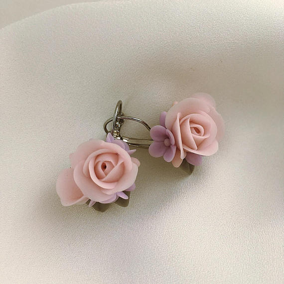 Pink polymer clay jewelry, Pink rose earrings, Polymer clay jewelry, Gift for her, Floral jewelry, Gray purple earrings, Coconut flower earrings, Girls rose earrings