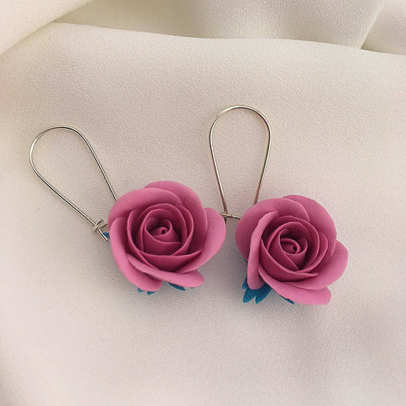 Pink rose earrings, Rose flower earrings, Polymer clay jewelry, Small floral earrings, Gift for her, Hot pink earrings, Girls rose earrings