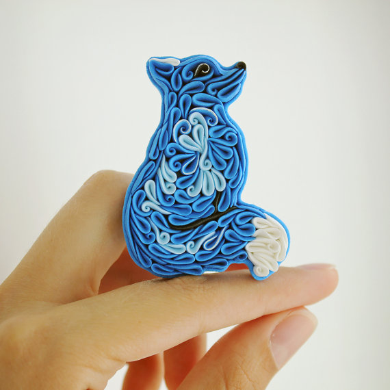 Polymer clay Fox brooch, Fantasy Fox pin, blue Fox brooch, Pattern fox brooch, Fox gift, Fox lovers, Fox accessories, Forest animal