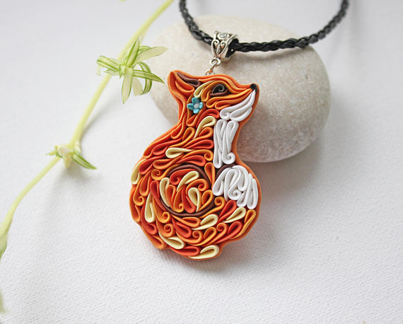 Polymer clay Fox necklace, fox jewelry, little fox necklace, red orange fox cute little fox curled up animal forest animal jewelry