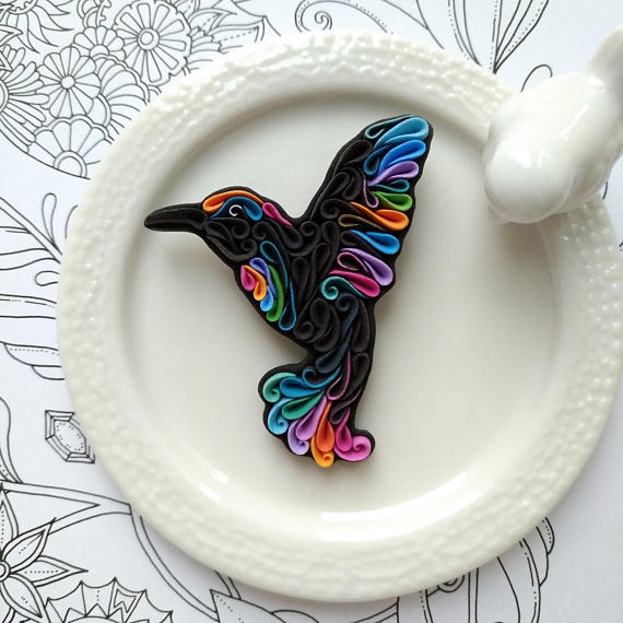 Polymer clay humming bird brooch pin, rainbow humming bird jewelry, humming bird gift, black humming bird brooch, bird lover