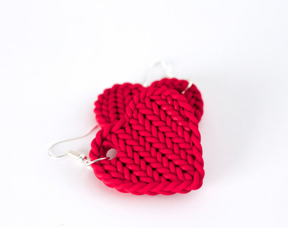 Polymer clay knit jewelry - red heart earrings,Polymer clay knit jewelry - Faux knit red heart earrings - polymer clay cherry red earrings - red knit earrings - valentines earrings - statement earrings