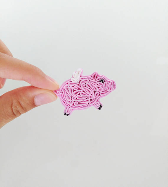 Polymer clay jewelry in an unique style, Polymer clay pig jewelry Pink pig brooch pin Flying pig necklace Pig lover gift Pig accessories Polymer clay animal necklace