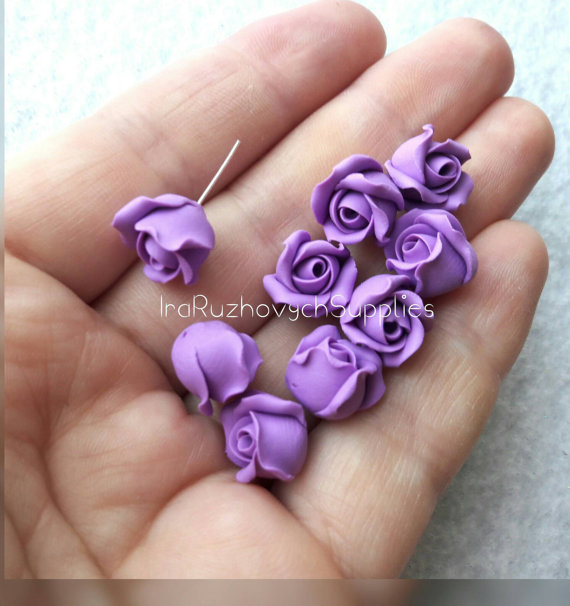 Purple Roses Flowers,lavender, violet, polymer clay flower beads