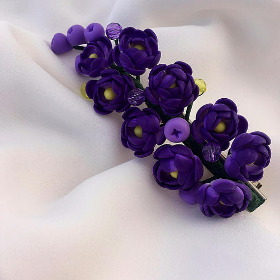 Purple polymer clay jewelry, Purple flower hair clip, Polymer clay jewelry, Gift for her, Wedding bridal jewelry, Violet yellow green hair clip, Floral hand made jewelry