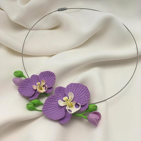 Purple orchid necklace, Polymer clay necklace, Flower necklace, Violet orchid necklace, Gift for her, Wedding prom necklace, Charm necklace