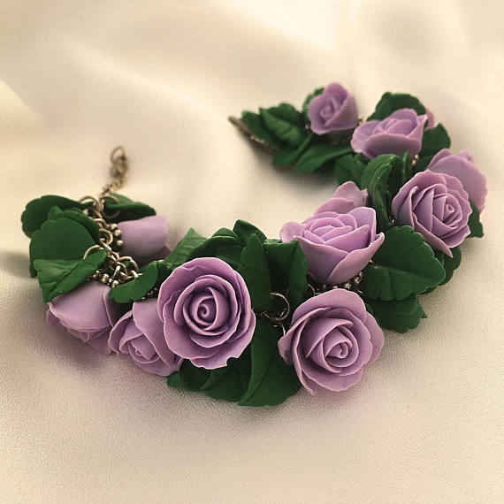 Purple rose bracelet, Rose flower bracelet, Violet rose bracelet, Polymer clay bracelet, Purple green bracelet, Gift for her, Girls bracelet