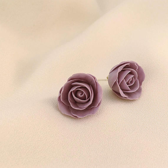 Purple polymer clay jewelry, Purple rose earrings, Rose flower earrings, Polymer clay earrings, Gift for her, Floral jewelry, Girls stud earrings, Violet rose earrings