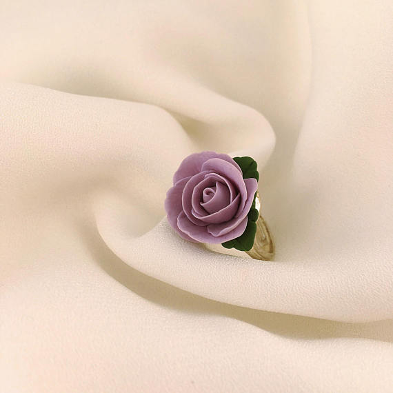 Purple rose ring, Polymer clay ring, Flower ring, Violet rose ring, Polymer clay hand made jewelry, Girls small prom ring, Gift for her