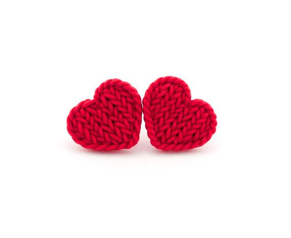 Polymer clay knit jewelry - red heart earrings, Red Heart Earrings - Polymer Clay Earrings - Heart Studs - Heart Stud Earrings - Stud Earrings - Earring Studs - Valentines Day Earrings