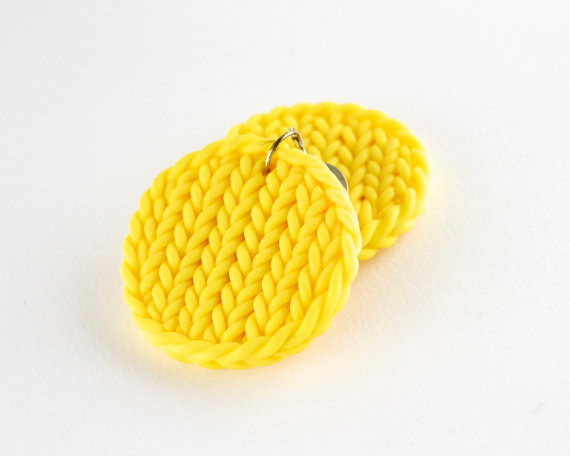 Round yellow earrings - knitted round earrings - summer colorful jewels - sun yellow earrings - polymer clay yellow jewels