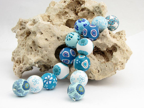 Sky and Sea beads from polymer clay, handmade in germany, fimo, millefiori, millefleur, art clay, necklace, bracelet