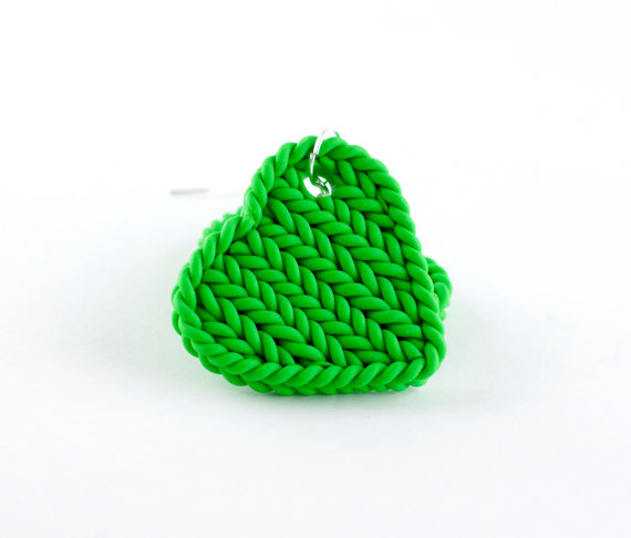 Tropical green heart earrings - faux knitting earrings - Polymer clay jewels