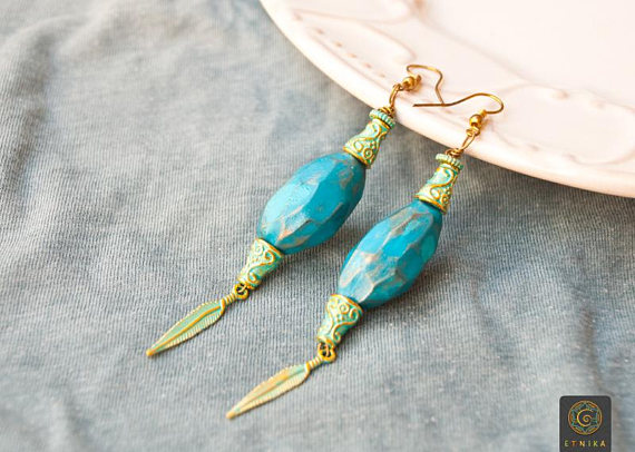 Turquoise Feather Earrings Gold Long Earring Polymer Clay Bohemian Earrings Boho Jewelry Mom Boho Earrings Gypsy Earrings Boho Wife Gift