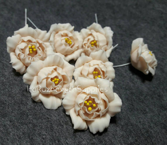 beige flowers, nude , polymer clay floral beads