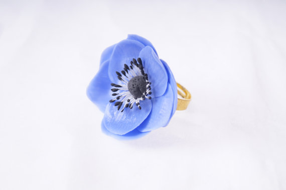 floral ring, anemone ring, anemone jewelry, blue flower jewelry, floral jewelry,sky blue floral flower