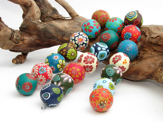 forrest bead set from polymer clay, handmade in germany, 7 big beads fimo beads, millefiori, millefleur, art clay, necklace, diy bracelet