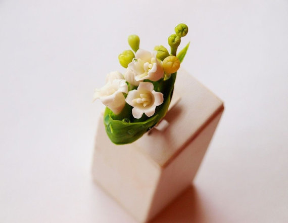 lily of the valley ring, small miniature - tiny flowers, lily of valley ring, Adjustable statement ring