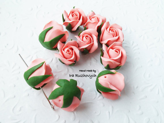 pink roses, polymer clay flower bead