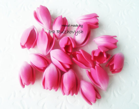 pink tulip polymer clay floral beads, flower bead