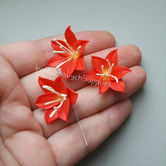 red lily , polymer clay flower bead