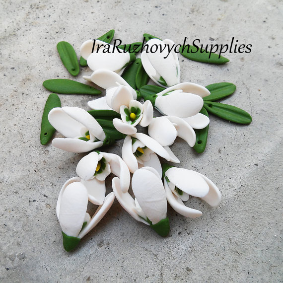 snowdrops flowers , polymer clay flower bead