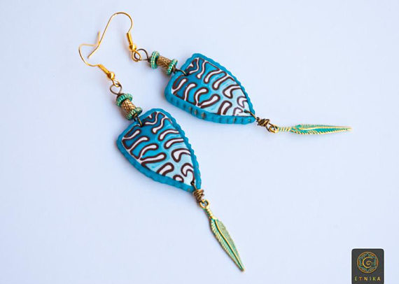 Boho Chic Feather Earrings Turquoise Earrings Long Earrings Gypsy Earrings Boho Style Earrings Polymer Clay Jewelry Blue Wife Gift Xmas Gift