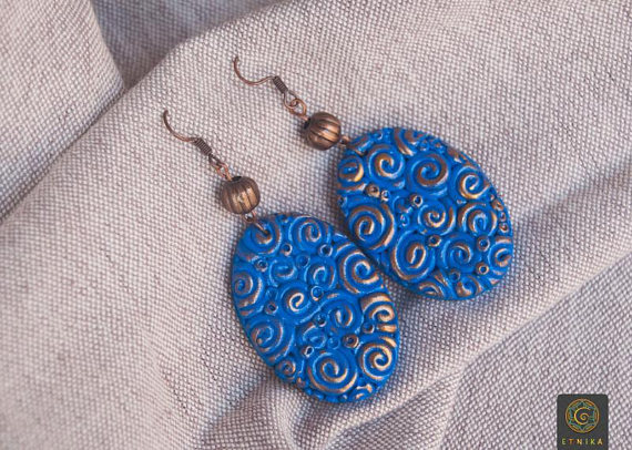 Spiral Navy Blue Earrings Gold Polymer Clay Aquamarine Earrings Boho Earring Unique Handmade Pattern Wife Gift Christmas Blue Wife Gift