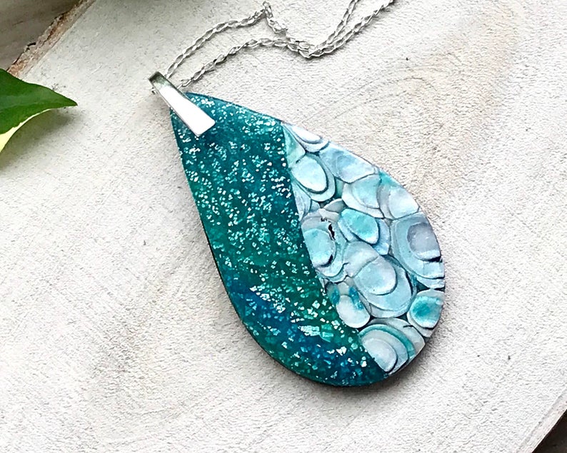 Aquamarine Polymer Clay Pendant - Sterling Silver