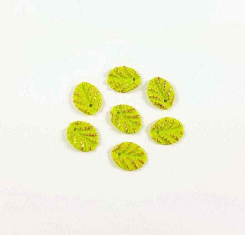 Ash Tree Leaf Charms Lime Green- Handmade Polymer Clay Drops - Green Leaf Beads - Botanical Charms - Bohemian Charms