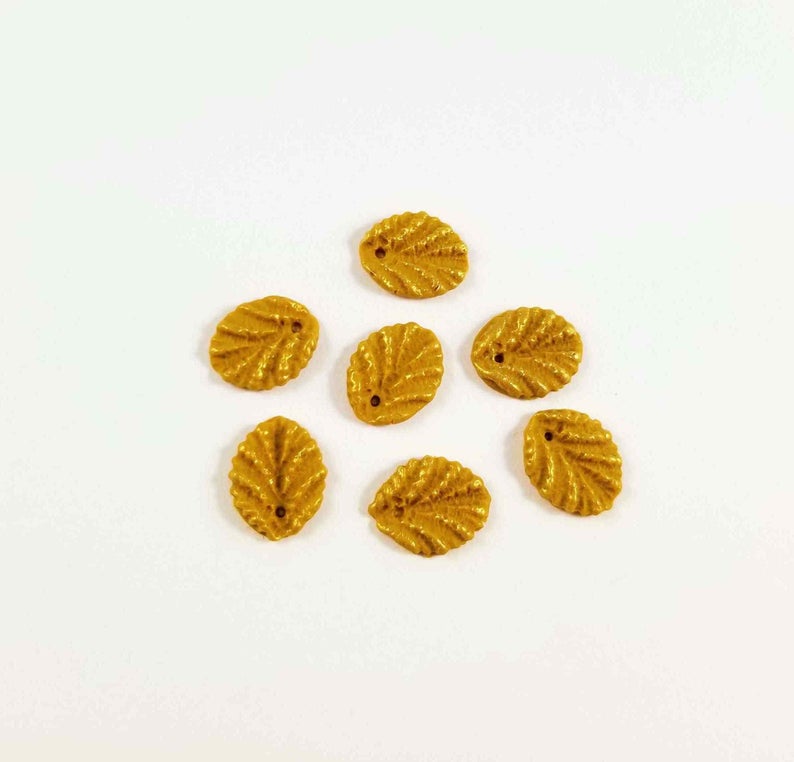 Ash Tree Leaf Charms Mustard Yellow - Handmade Polymer Clay Drops - Botanical Charms - Yellow Leaf Beads - Gilded Leaf Charms 