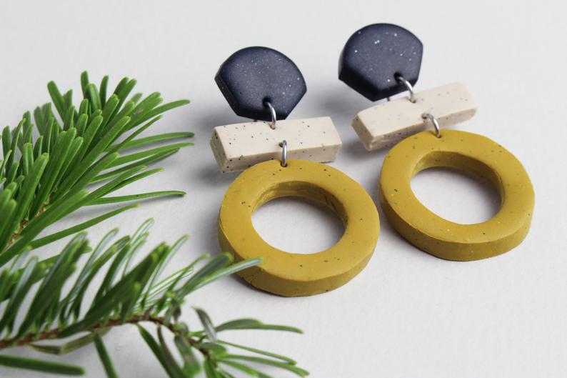 Black, White and Yellow Geometric Dangly Earrings Handmade Polymer Clay Jewellery Polymer clay olive earrings