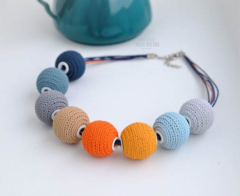 Polymer clay knitted beads necklace Blue orange round beaded polymer clay bright necklace as knitted, cozy statement bright color short necklace, geometric womens jewelry