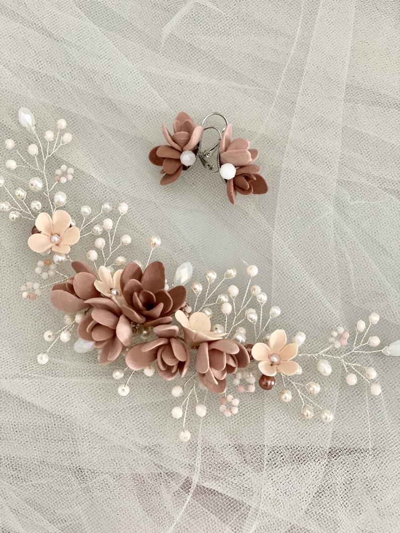 Bridal tiara hair accessories with handmade flowers beaded vine hair wire