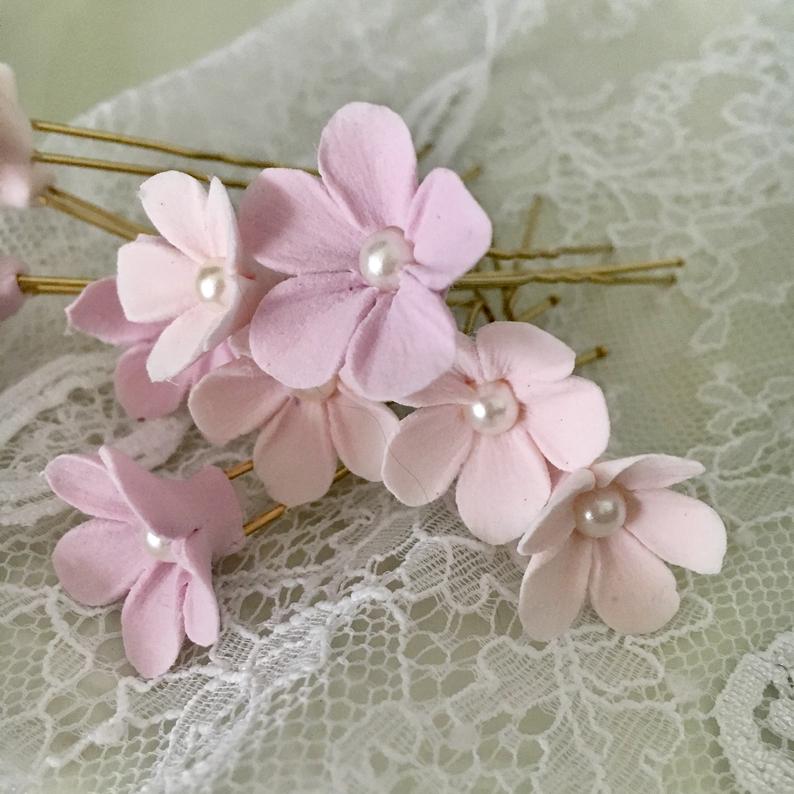 Bride hair ornament hairpins with flowers made of delicate polymer clay decoclay white or cream-rosé