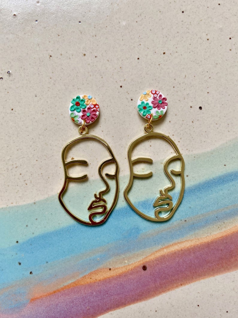 Face Earrings Floral Face Earrings Polymer Clay Earrings Brass Earrings Handmade Earrings  Statement Earrings