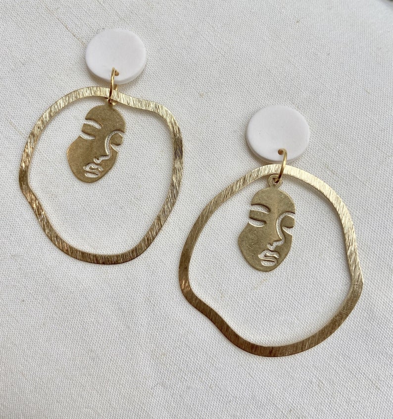 Face Earrings Polymer Clay Earrings Contemporary Brass Earrings Statement Earrings Handmade Earrings White Earrings