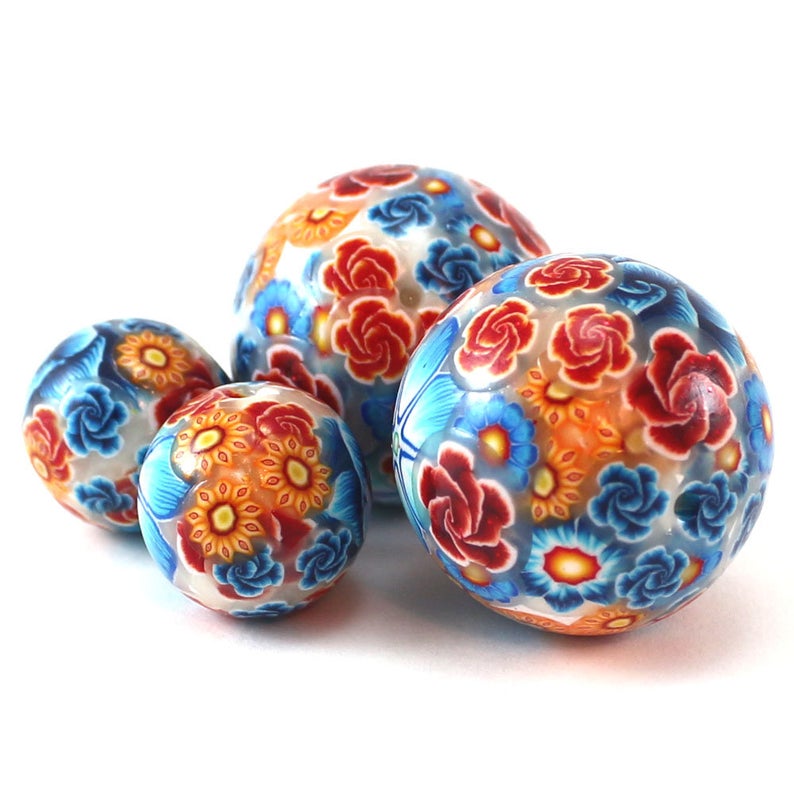 Flowers pattern beads round beads blue red orange Polymer clay beads elegant jewelry rose beads bracelet decoration craft necklace charms