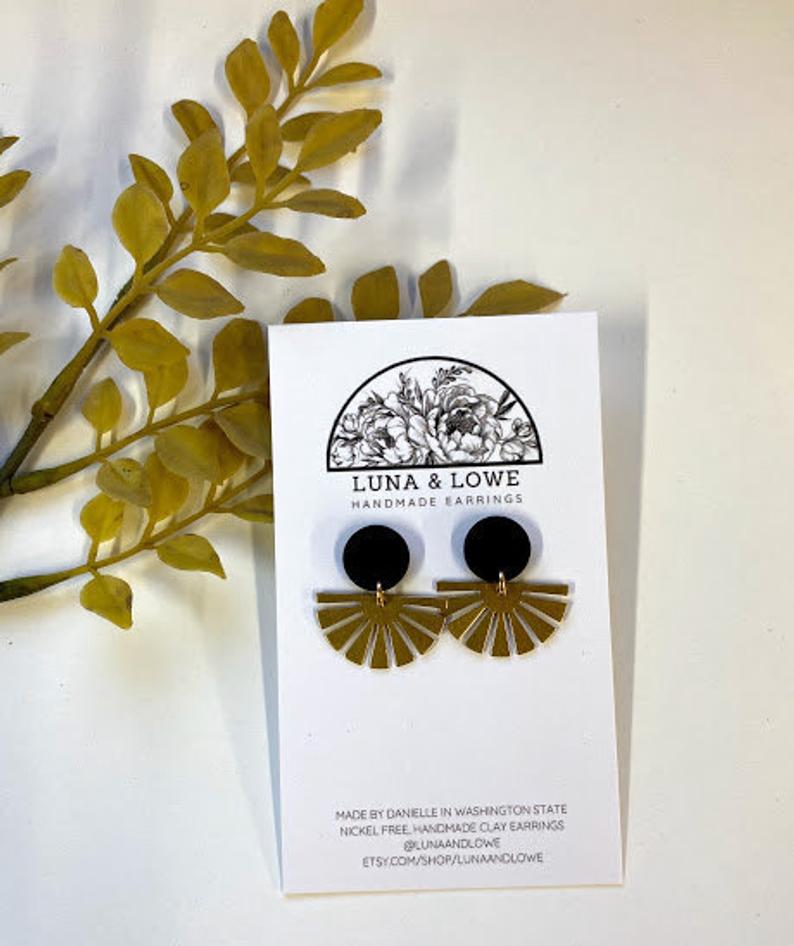 Handmade Clay Earrings | Black Gold Brass Sun Fan Charm Mini Simple Dangle Nickel Free Modern Bohemian Statement Minimalist