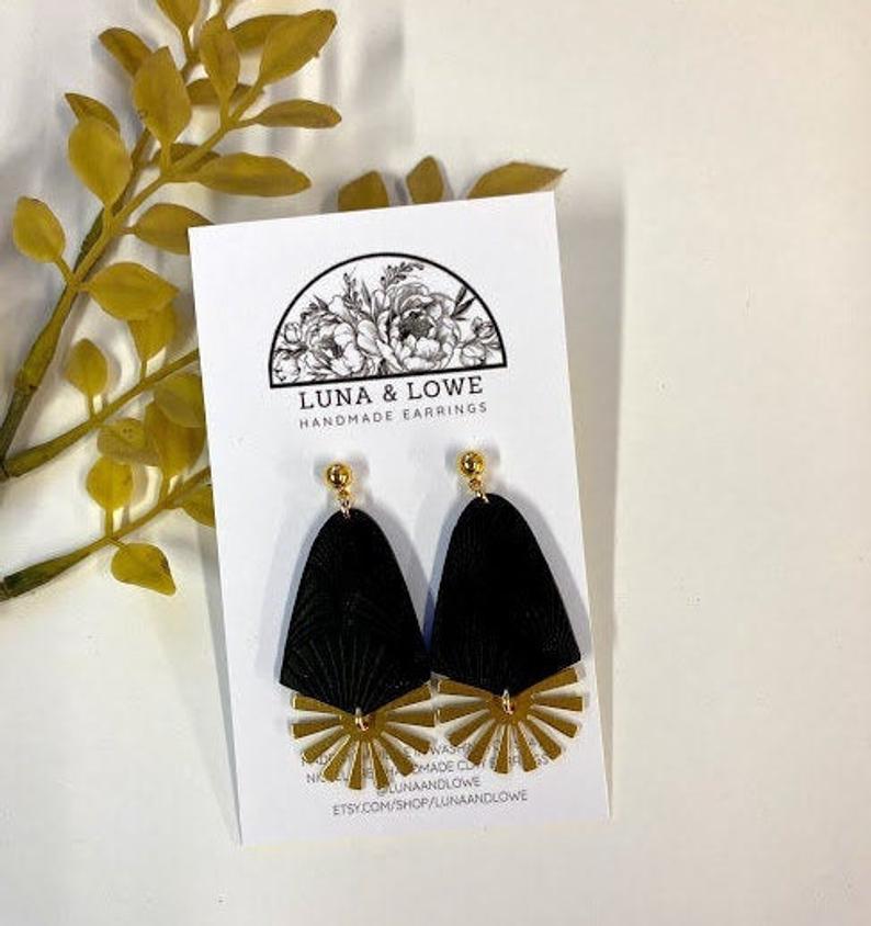 Handmade Clay Earrings Black Gold Textured Brass Fan Sun Charm Dangle Statement Minimalist