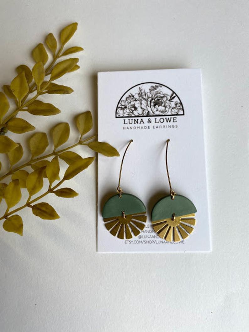 Handmade Clay Earrings Drop Dangle Sage Green Gold Brass Sun Charm Dangle Nickel Free Modern Bohemian Statement Minimalist Lightweight