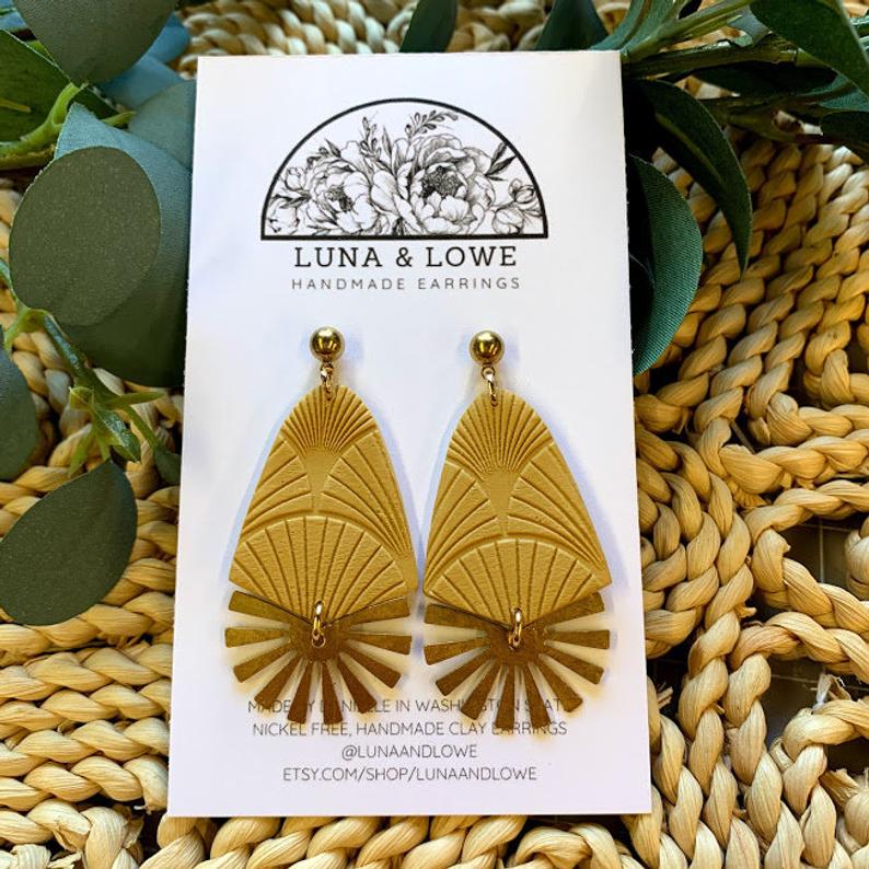 Handmade Clay Earrings | Textured Mustard Yellow Sunburst Brass Dangle Nickel Free Modern Bohemian Statement Minimalist