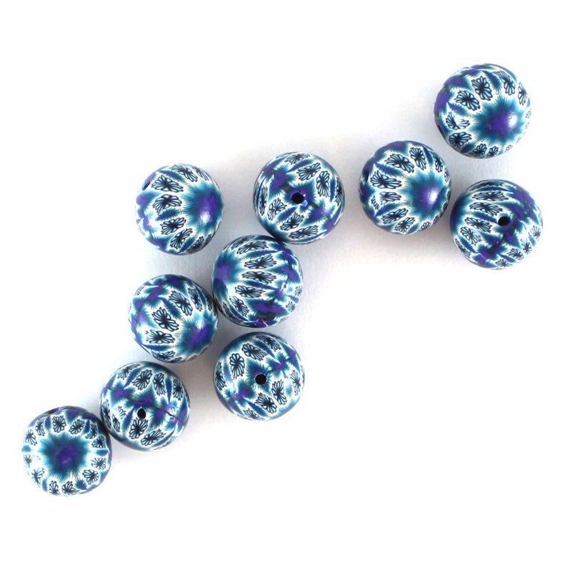 Kaleidoscope beads, polymer clay round Millefiori beads in blue and white, 10 elegant beads, artisan beads for jewelry making, Kids' crafts