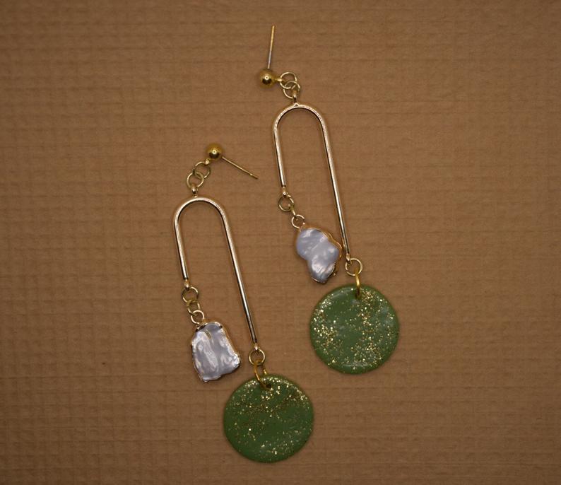 Keshi pearl dangle/drop u shape Earring••Handmade polymerclay Earring