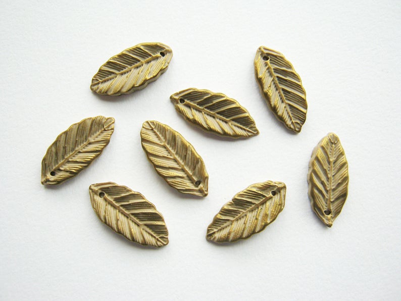 Leaf Charms Grey and Gold - Handmade Polymer Clay Drops 