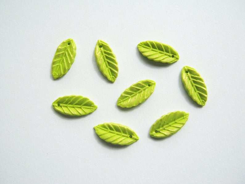 Leaf Charms Lime Green - Handmade Polymer Clay Drops -Set of 8 Pieces - Botanical Charms - Bohemian Beads - Leaf Beads - Nature Beads