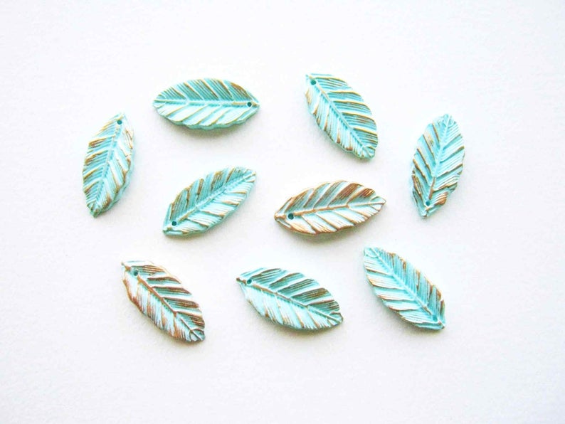 Leaf Charms Mint Green - Polymer Clay Leaf Drops - Clay Leaf Beads - Woodland Leaf Charm - Polymer Clay Beads