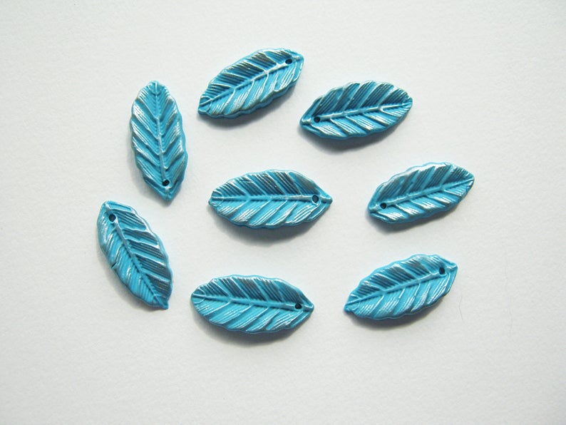 Leaf Charms Turquoise and Silver - Handmade Polymer Clay Drops - Botanical Charms - Bohemian Beads - Blue Leaf Beads